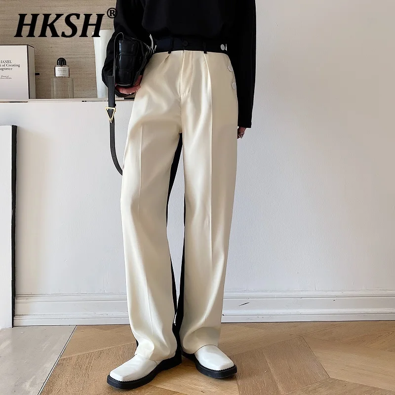 

HKSH Spring Autumn New Color Contrast Temperament Trousers Korean Loose Simple Wide Leg Spliced Male Tide Chic Suit Pants HK1897