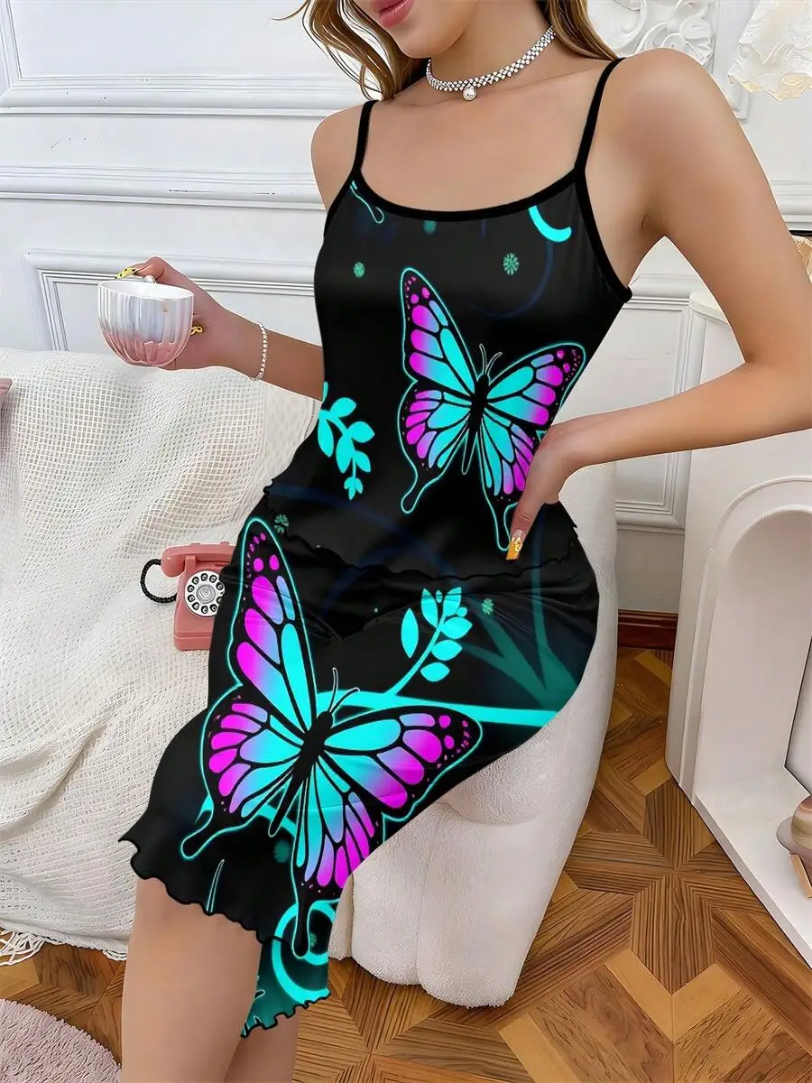Neon Butterfly And Leaf Print Womens Two-Piece Camisole Pajama Set