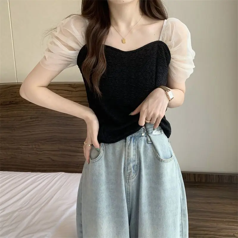 

French Square Neck Short Sleeve T-shirt 2026 Summer Women Mesh Puffed Sleeves Short Top Ladies Sexy Sweet Slim-fit Base Shirts