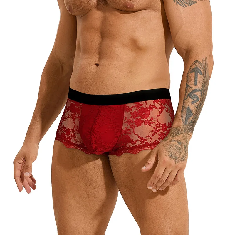 Sexy Mens Boxers Lace Transparent Mesh Underwear Underpants See Through Boxer shorts Low Waist Panties Boxer for Man