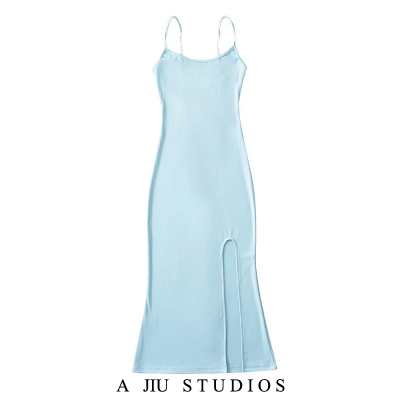 

Sexy Spicy Girl Cross Ba Strap Bared Waist Slim Mid-Length Split Bodycon Strapl Dr Pure Color No Sve Summer 2025