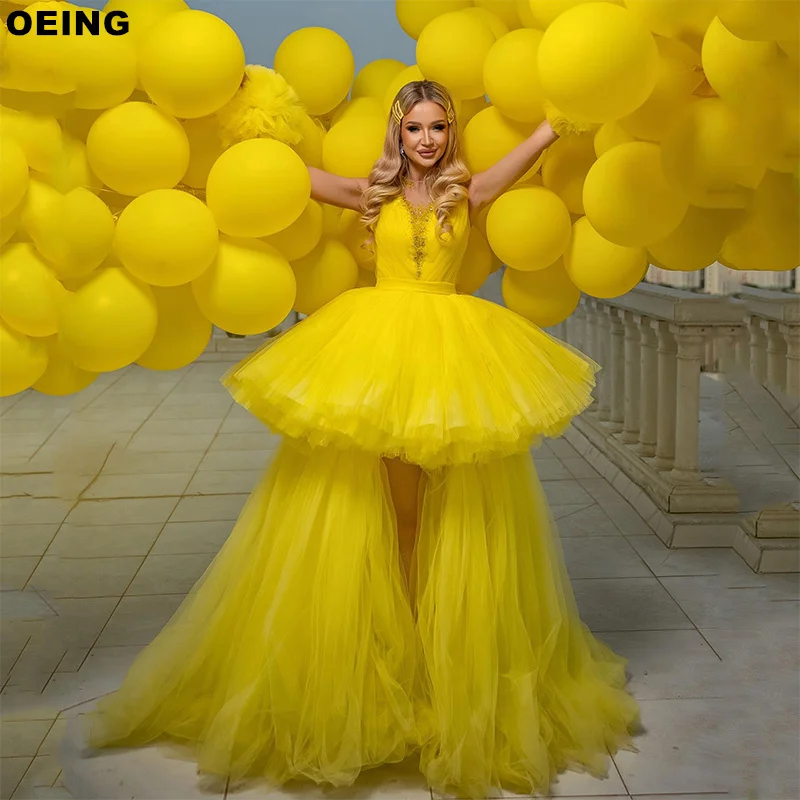 

OEING Yellow A-Line Prom Dress Chic V-Neck Tulle Tiered Spaghetti Strap Evening Dresses Formal Occasion Gown Vestidos De Novia