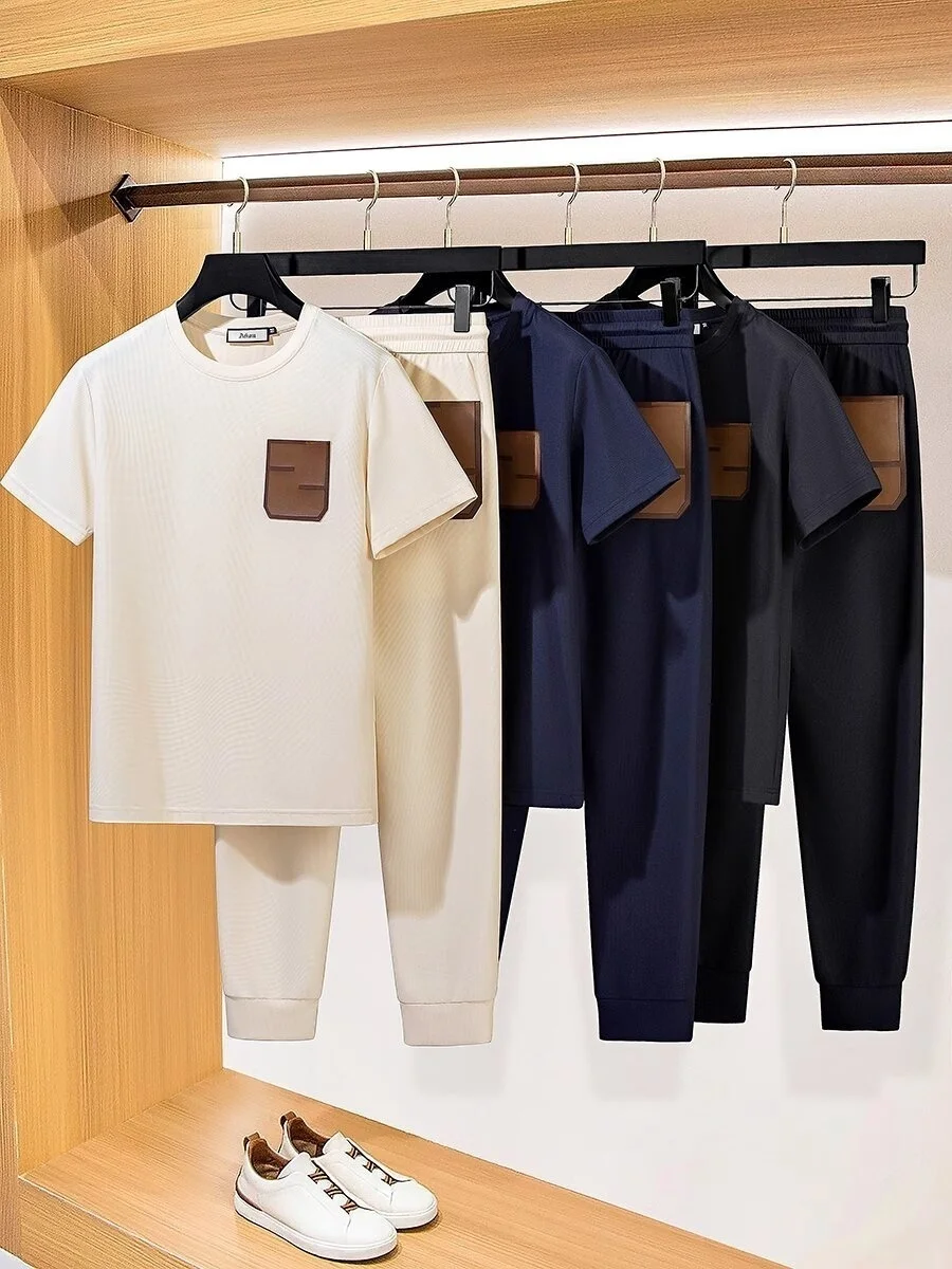 Summer high-end fashion leather pocket ice silk texture waffle two-piece men's short-sleeved casual sports suit