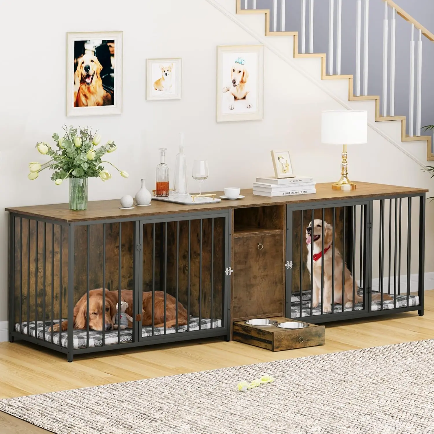 

Double Dog Crate Furniture 94.5 inch with Feeder Bowls, Large Breed Dog Kennel with Divider and Storage Drawer, Brown