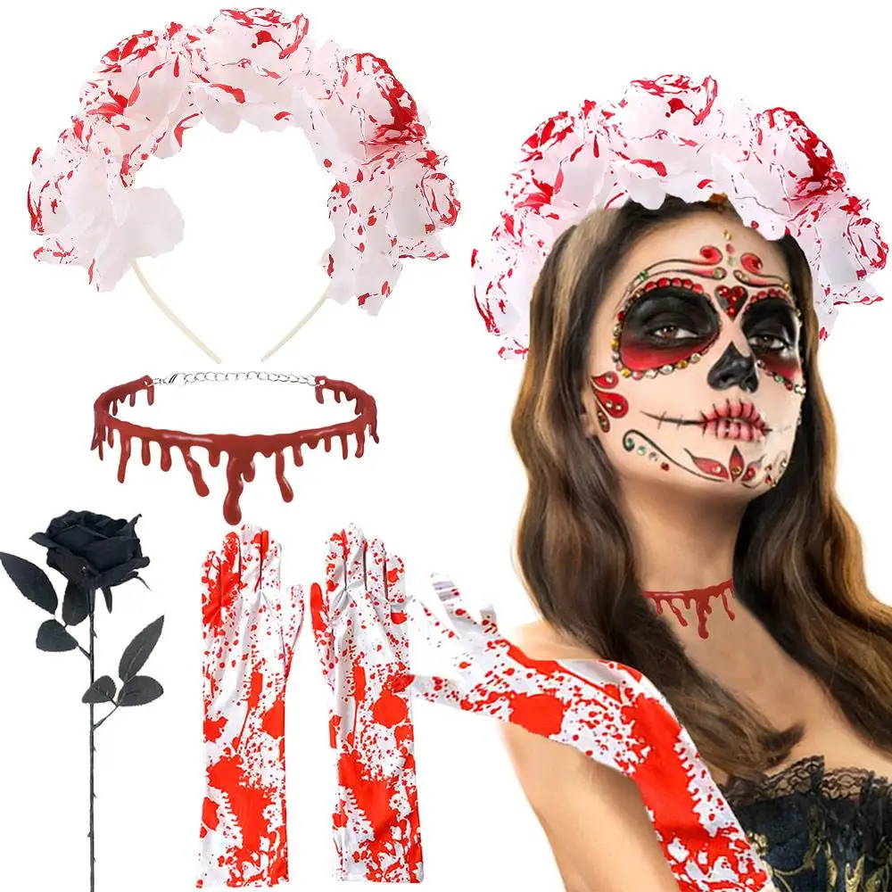 

4-Piece Set Novelty Halloween Costume Accessories Set Day of The Dead Headwear Masquerade Rose Flower Headband