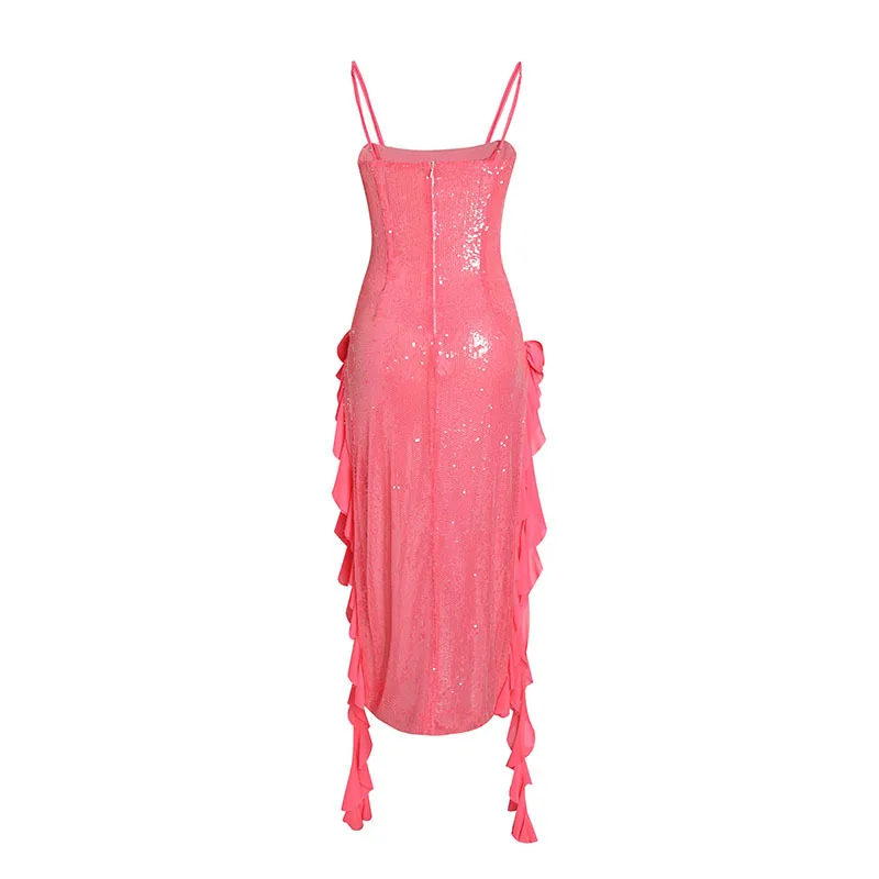 Glinsterende roze hoog-laag strandjurk voor dames met vloeiende sjerp, halterhals, split met ruches - Elegante zonsondergang maxi-jurk voor feestjes