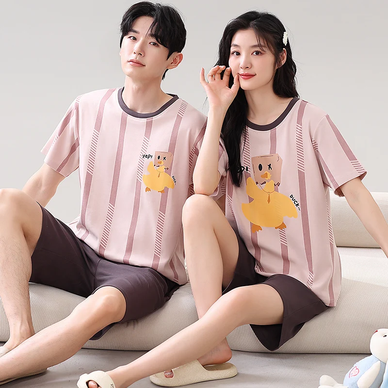 

2024 New Summer Cotton Pajama Set For Couples Men's Casual O-neck T-shirt Short Sleeves Women's Home Clothes Outdoor Wear