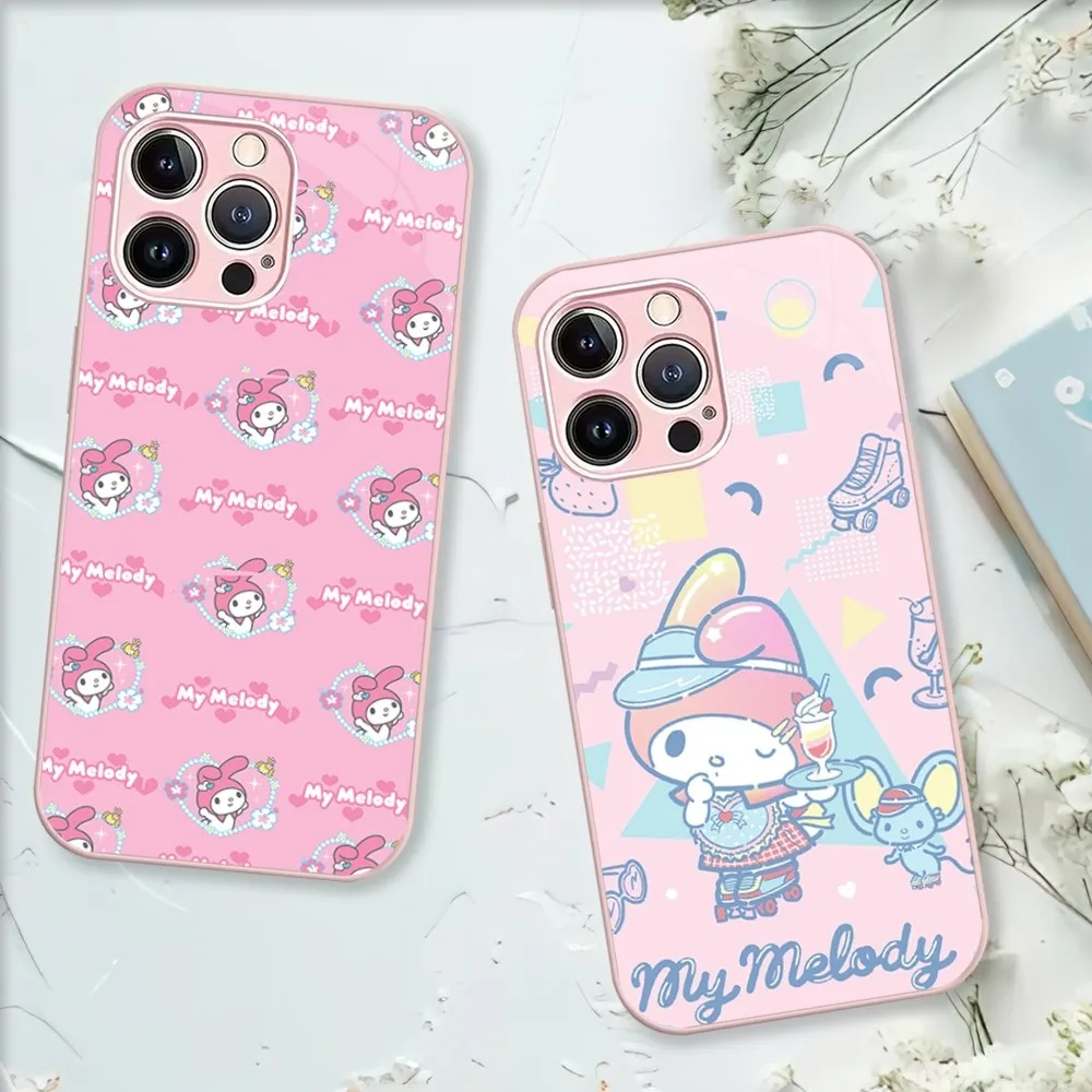 MINISO Sanrio My Melody Phone Case For iPhone 11 12 13 14 Mini Pro XS Max X S Plus XR Electroplated Painted Glass Shell