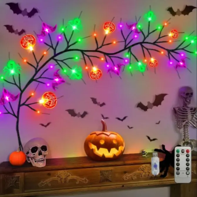 

1.8m 54 LED Halloween Black Willow Vine String Lights With Bat Spider Pumpkin Decorative Lamp For Home Room Yard Halloween Decor