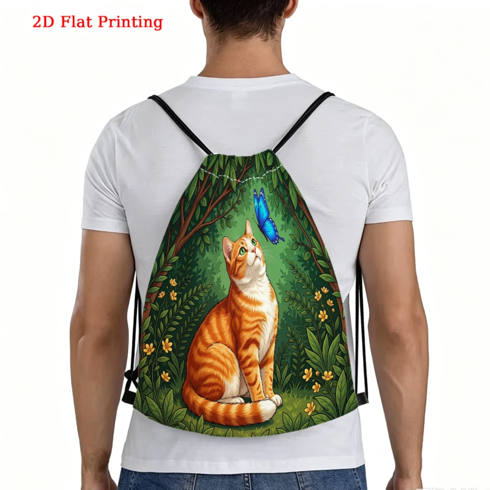 Orange Cat Green Forest Butterfly Drawstring Backpack for Travel, Shoes, Fitness Sports, Outdoor
