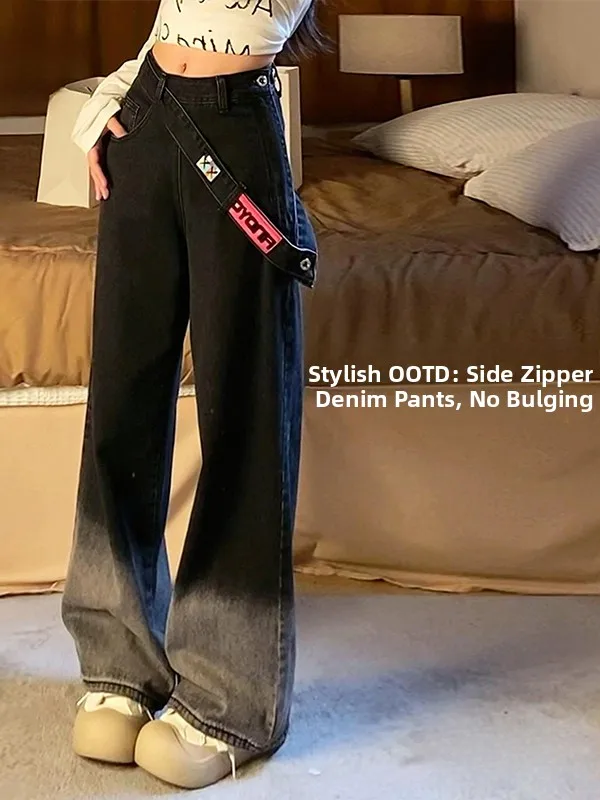 High Waist Side Zipper Gradient American Style Women's Jeans Loose Straight Leg Trousers plus Size Autumn Winter Casual Denim