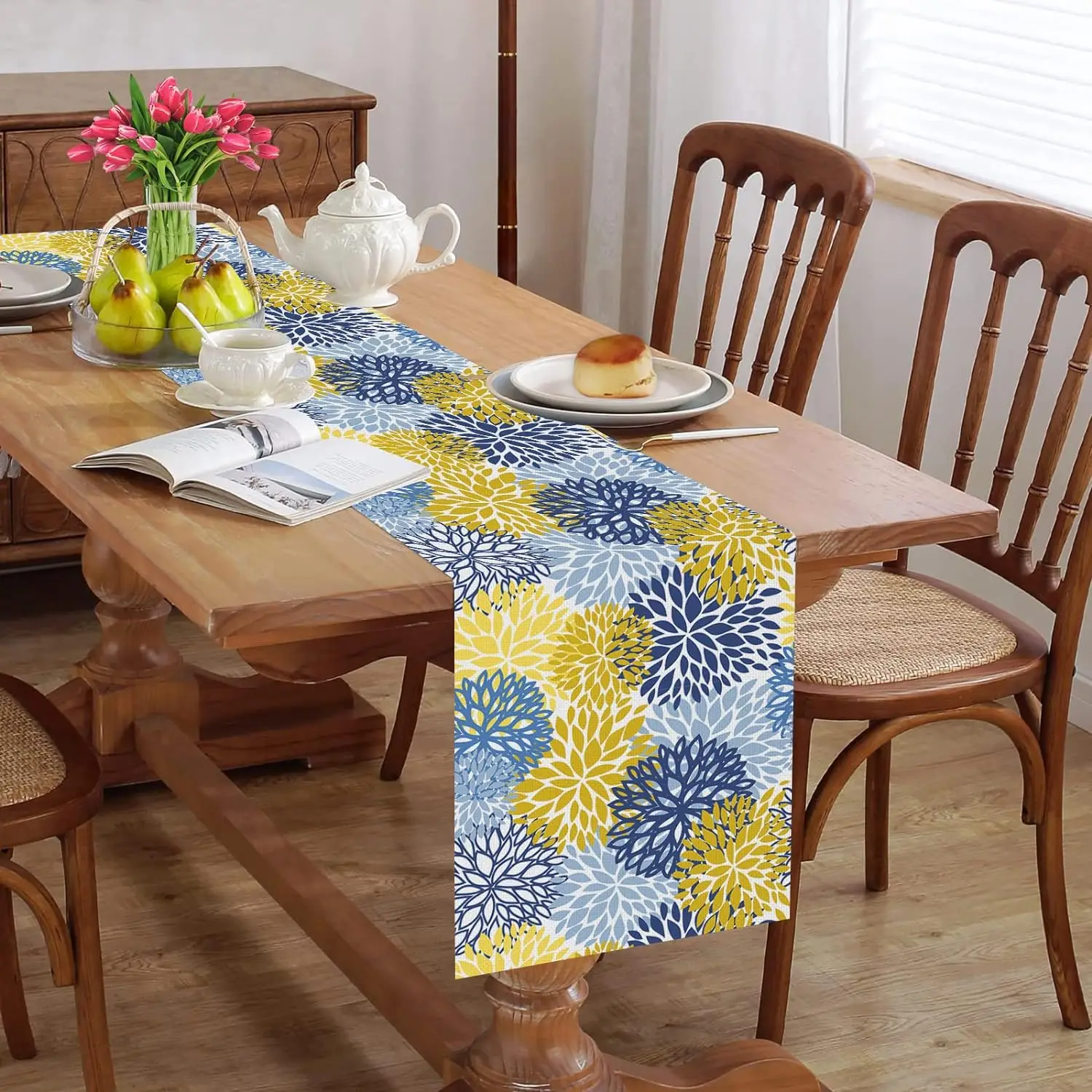 Blue Yellow Dahlia Flowers Linen Table Runners Dresser Scarf Table Decor Washable Kitchen Dining Table Runner Wedding Decoration