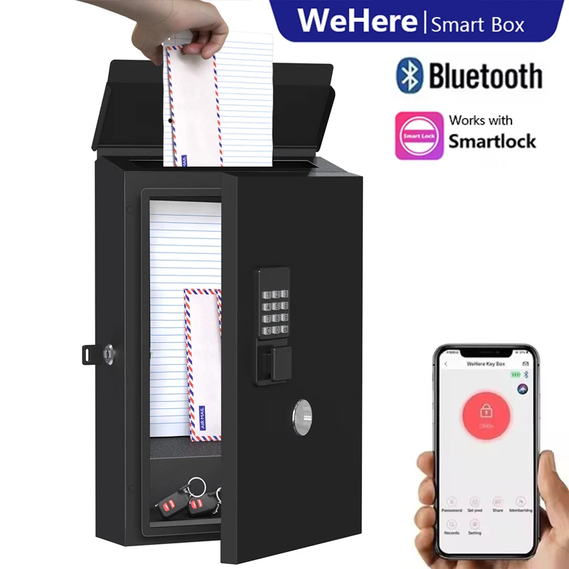 WeHere Outdoor Waterproof Wall Mount Locking Postbox for House Unlock Key Drop Box With Digital Smart Lock Metal Mail Post Box