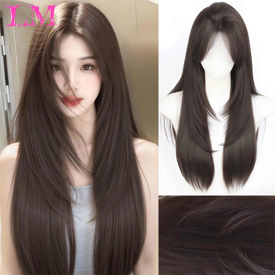 

LM Black Wig for Women Long Straight Hair Headband Lace Front Wig Cosplay Temperament for Daily Use Lolita Black Synthetic Wigs