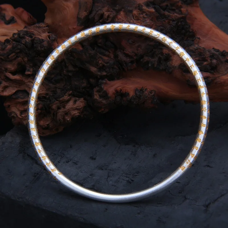 

Real Pure 999 Fine Silver Bangle Women Lucky Yellow 3.2mm Sutra Round Bracelet 17-20g /54-64mm