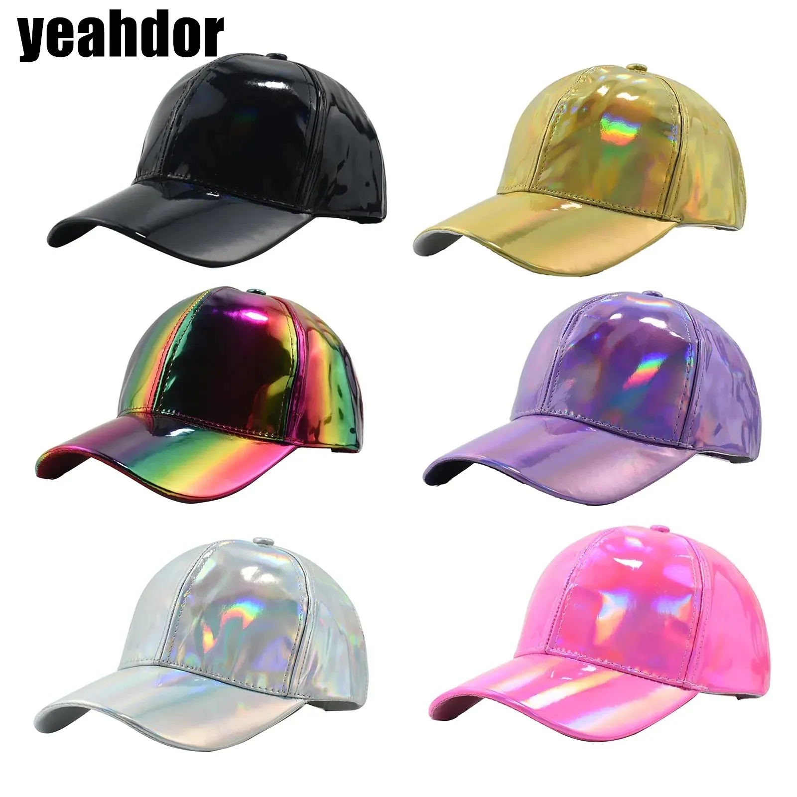 Unisex Baseball Cap Hat Men Women PU Leather Glitter Metallic Holographic Hat Adjustable Strapback for Hip Hop Sports