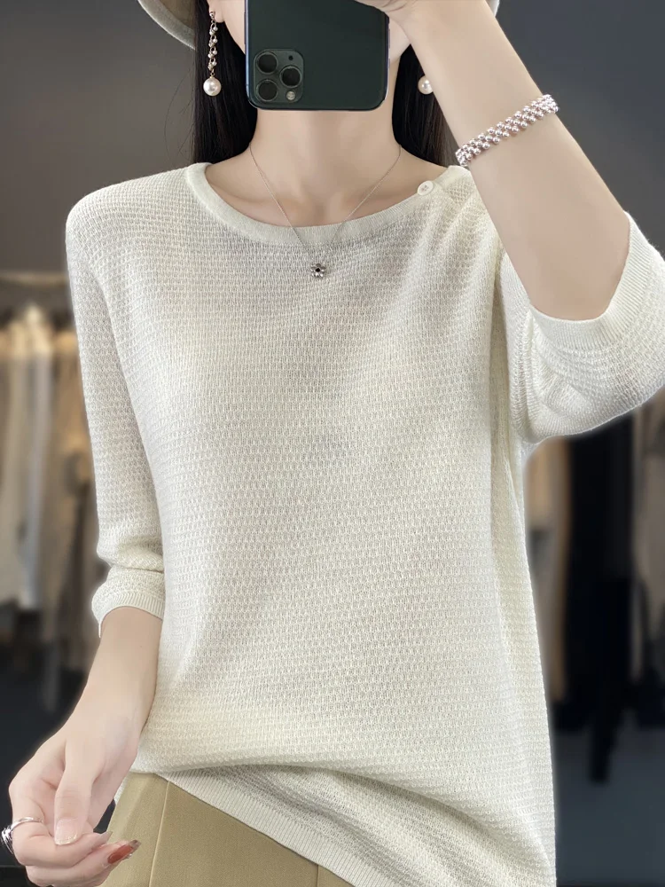 Addonee Spring Summer Women's 100% Pure Merino Wool 3/4 Sleeve Sweater Round Neck Button Decorative Pullover Knitted Top