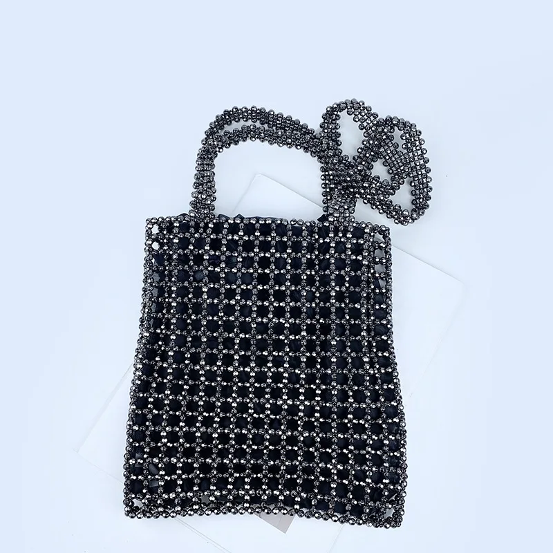 Fashion Woman Bag Silver Acrylic Hollow Out Beaded Bag Large Capacity Hand Woven Evening Clutch Bag Party Wedding Bolsa Feminina