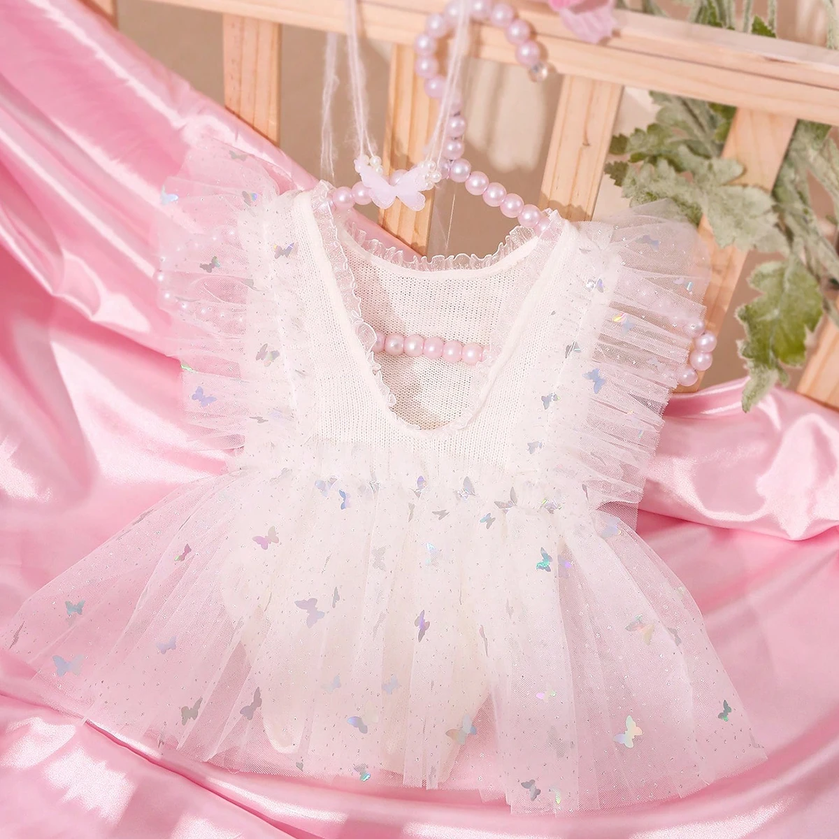 Ylsteed Newborn Girl Photoshoot Outfits Baby Girl Mesh Dress Romper with Headband One Hundred Days Infant Picture Outfits Props