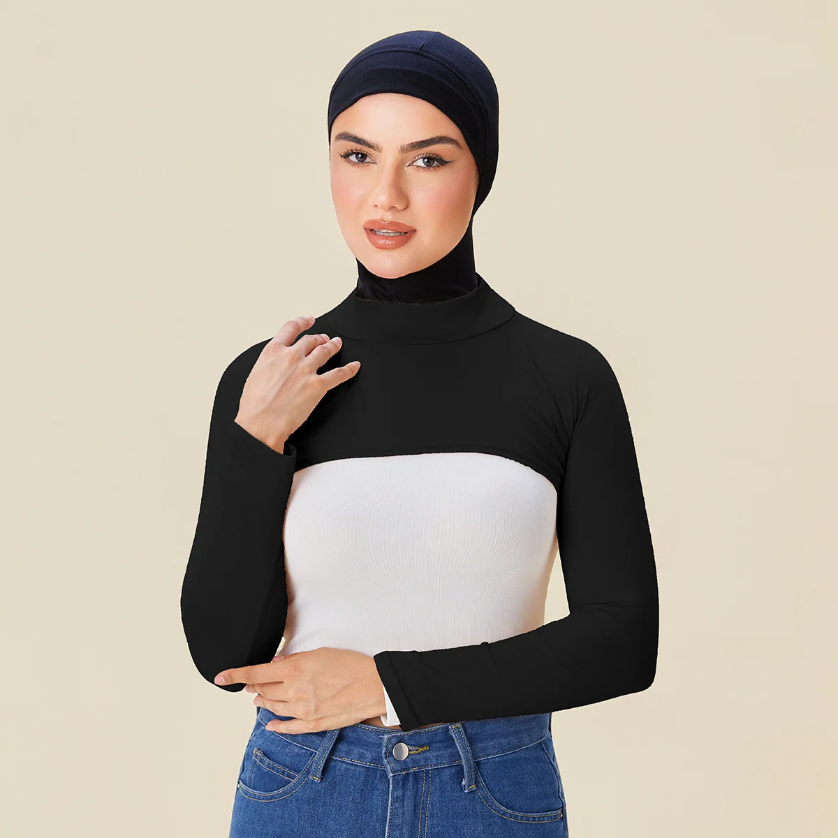 Jersey Elastis Lengan Panjang Kerah Leher Penuh Wanita Muslim Penutup Lengan Panjang Bolero Bahu Wanita Oversleeve Tabir Surya Pakaian Islami