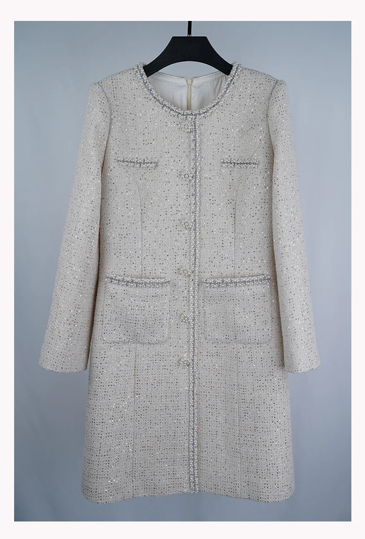 Autumn Brand New Designer Women High Quality Pearls Beading Sequins Tweed Coat C210