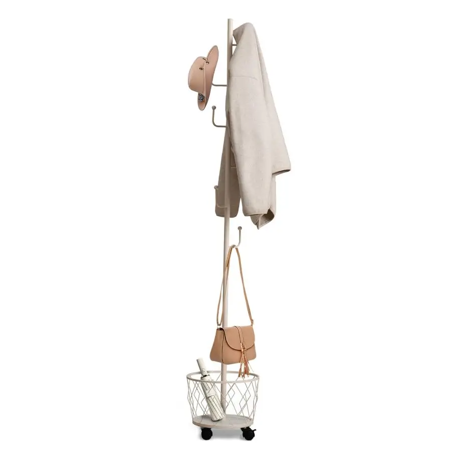 

Rack Freestanding, Cream White Metal Coat Rack Stand, Coat Tree with 6 Hooks and 1 Storage Basket, Removable Coat Hanger Stand w