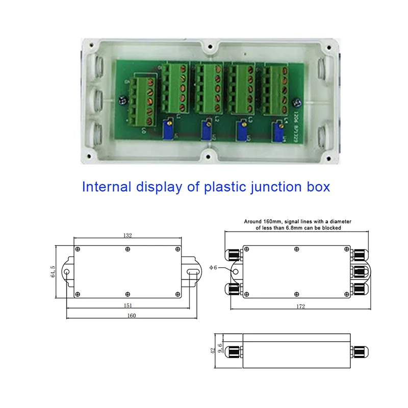 The junction box is made of stainless steel plastic and is specifically designed for measuring force and weight sensors