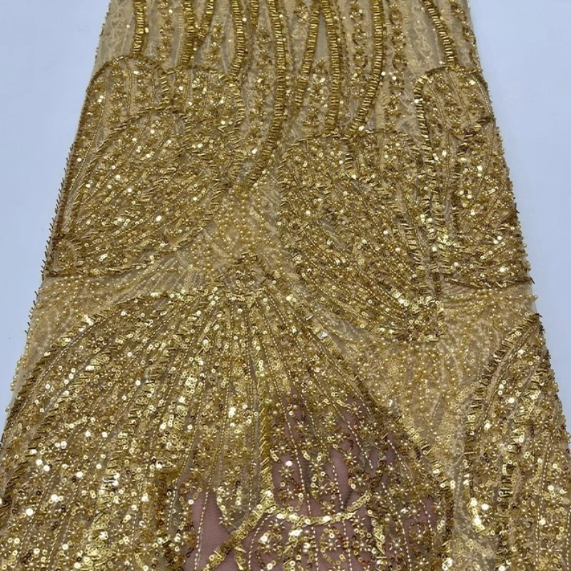 

French luxurious lace mesh fabric, African high-quality beaded tube embroidery, braid beaded sequin embroidery lace fabric dress