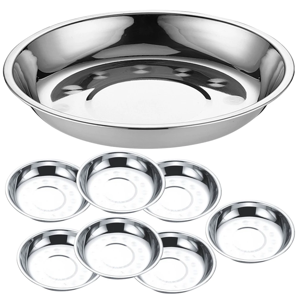 

8 Pcs Stainless Steel Round Plates 15cm Diameter Food Serving Trays Barbecue Dinnerware Snack Dish Easy Clean Storage