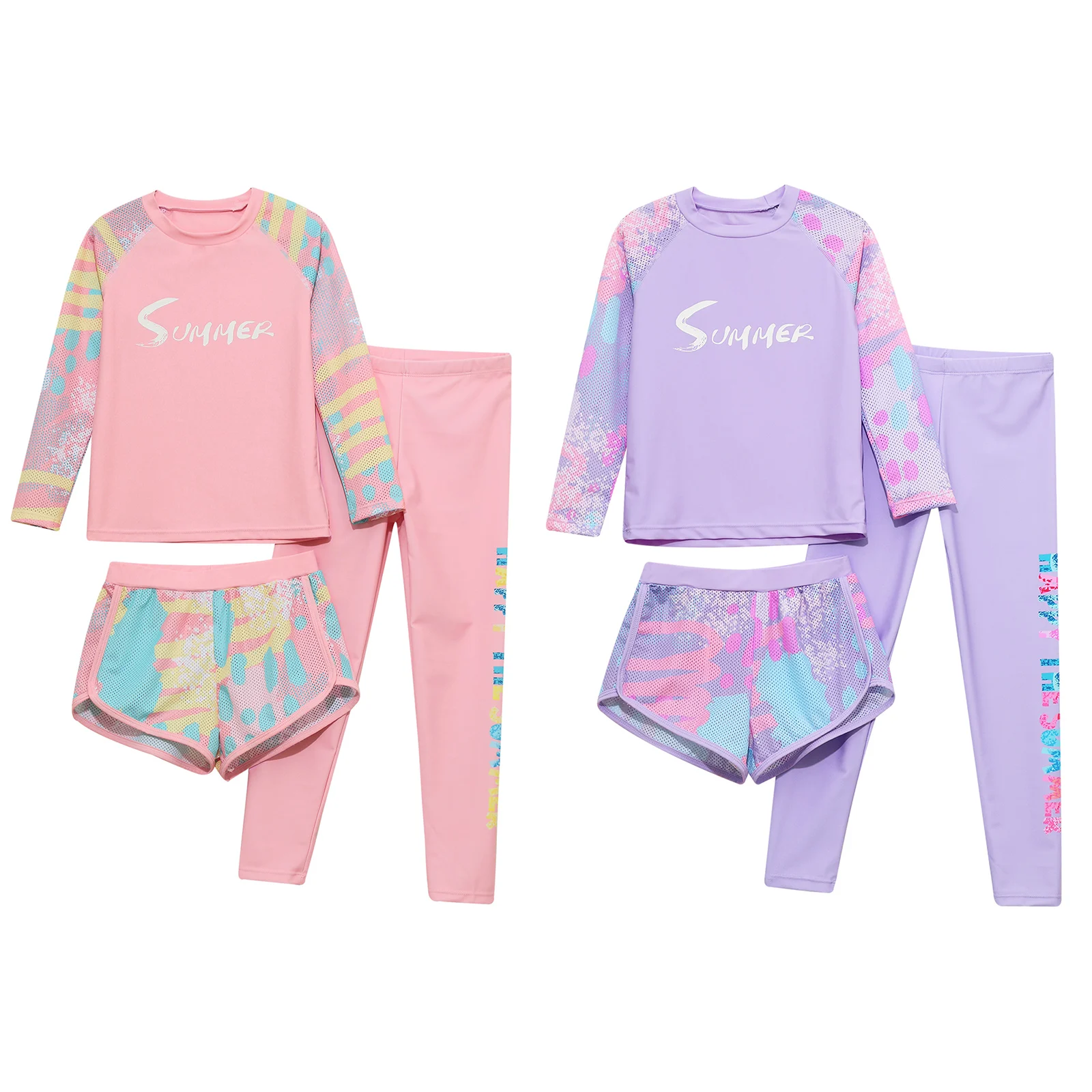 3 pezzi bambini ragazze costume da bagno Tie-dye stampa manica lunga Top pantaloncini e pantaloni costumi da bagno piscina Beachwear protezione solare Rash Guard Set