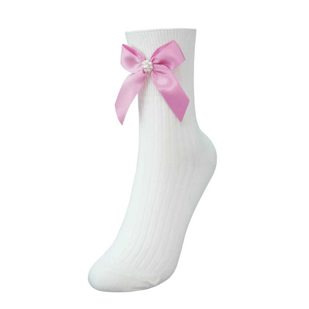 Exclusive Light Pink Bowknot Pearl Sweet Girl All-Match Middle Tube Long Cotton Socks Handmade Socks