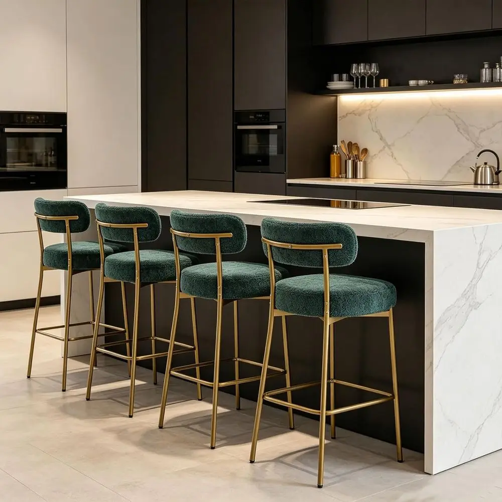 

Set of 4 Green Boucle Upholstered Counter Height Bar Stools, 24 Curved Back, Modern Century Style for Kitchen Island or Dining R