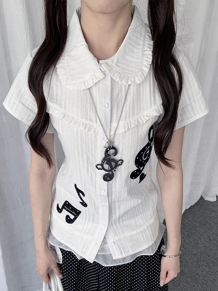 

Cute Preppy Style White Shirt Women Slim Fashion Embroidery Sweet Blouse Summer Short Sleeve Japan Chic Kawaii Casual Lady Tops
