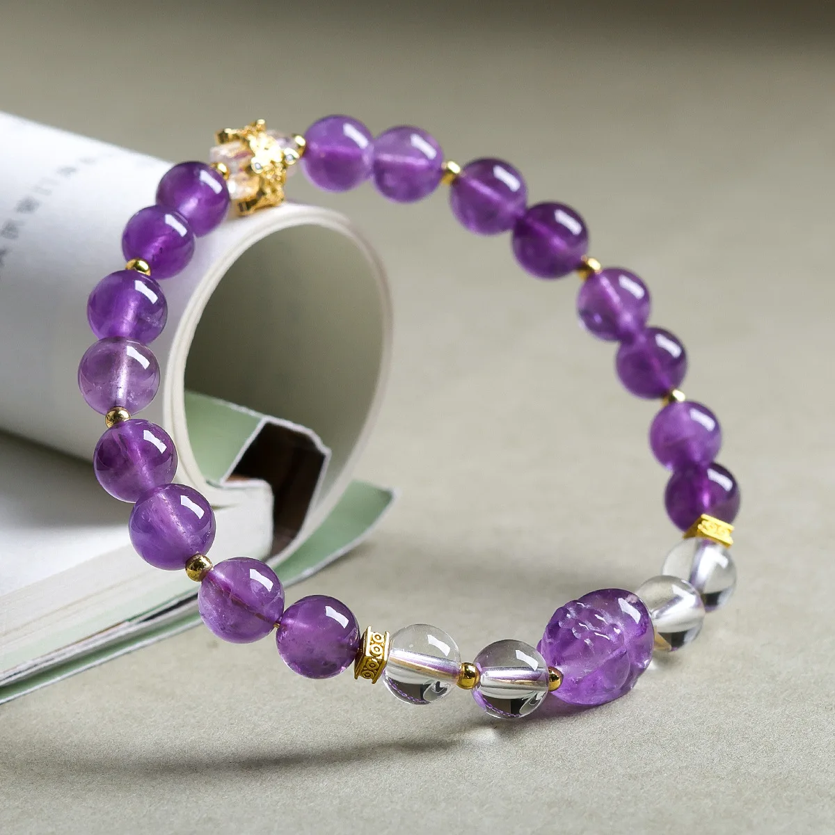 

2026 New Natural Amethyst Pixiu Single Loop Bracelet Original White Crystal Chinese Style Beaded Bracelet Gifts