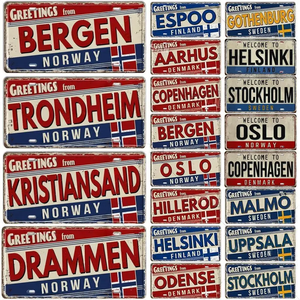 Finlandia, Dinamarca, Noruega, SUEDEN, placa de matrícula, letrero de Metal, estado de ciudad, placa decorativa para coche, garaje, Club, Bar, cafetería, decoración de pared