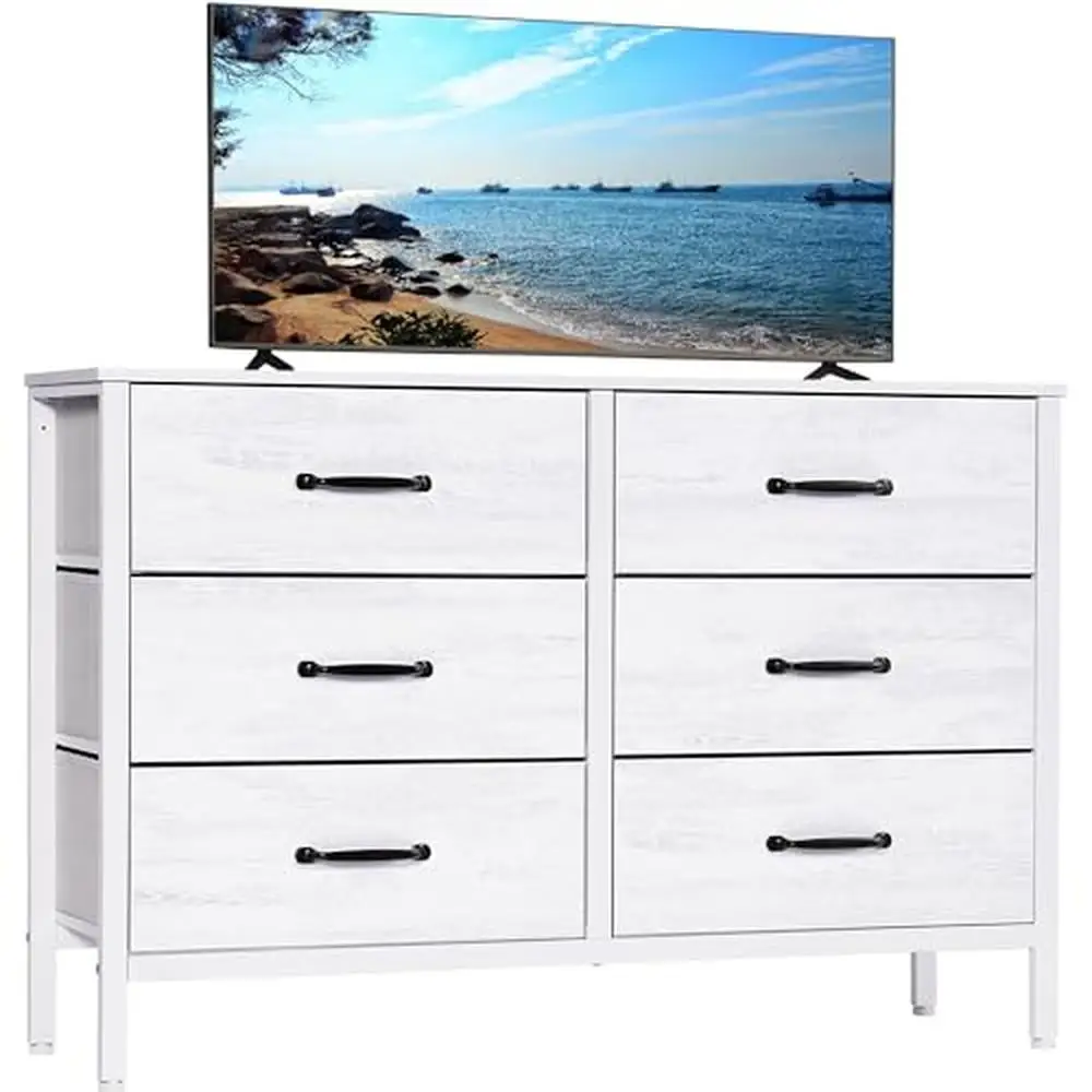 Commode avec cadre en métal blanc, meuble TV pour chambre à coucher, rangement en tissu, 6 portes à proximité