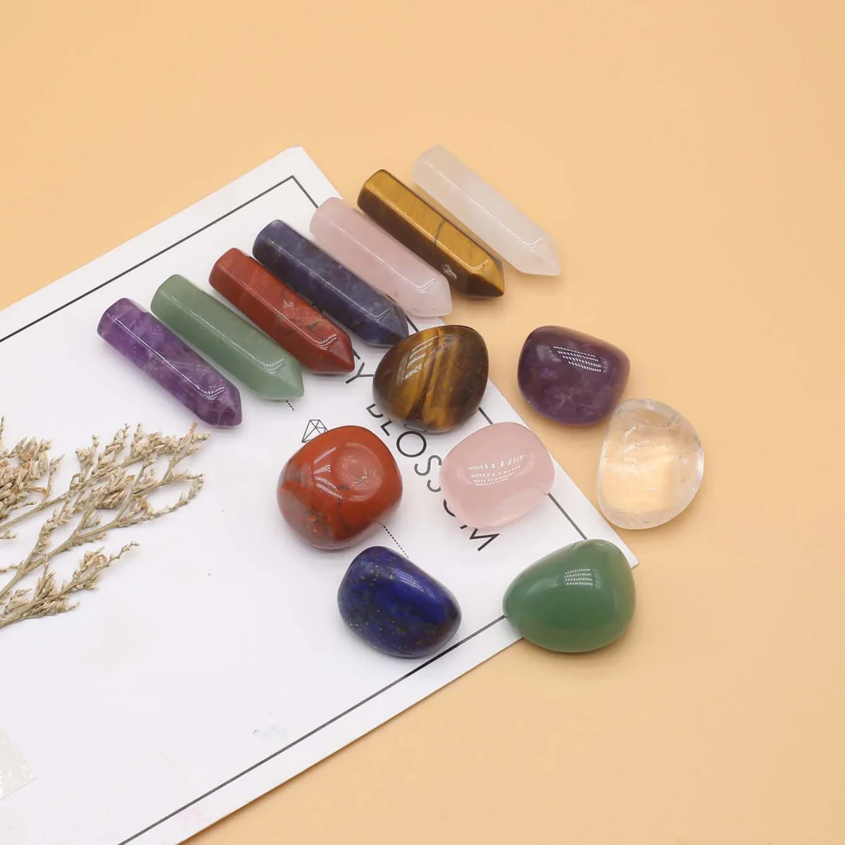 14pcs/Set Natural Stone Charms Ornament Quartz Agate Hexagonal Prism Chakras Healing Stone Table Home Decoration Gifts Box