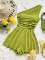 Women One Shoulder Ruched Romper Textured Sleeveless Jumpsuit Wide Leg Shorts Playsuit Casual Summer Beach Vacation Outfits - Image 5