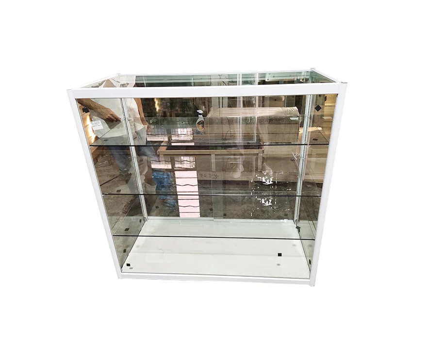 Custom.Guangzhou Old Factory Pure White Tempered Glass and Aluminum Frame All Sides Glass Cashier Counter Table with Lockable Do