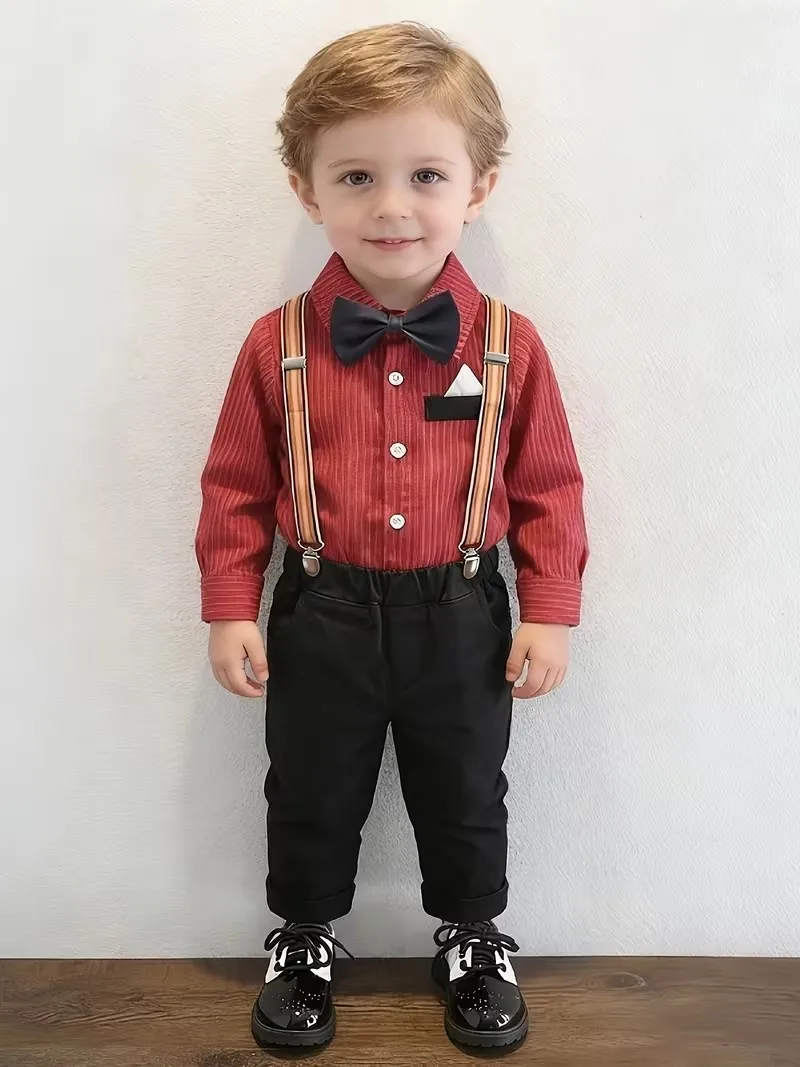 

80-130 Russia Boys Summer 4Pieces Shirt Pants Strap Bowtie Host Suit Children Photography Dress Kids Wedding Birthday Outfit