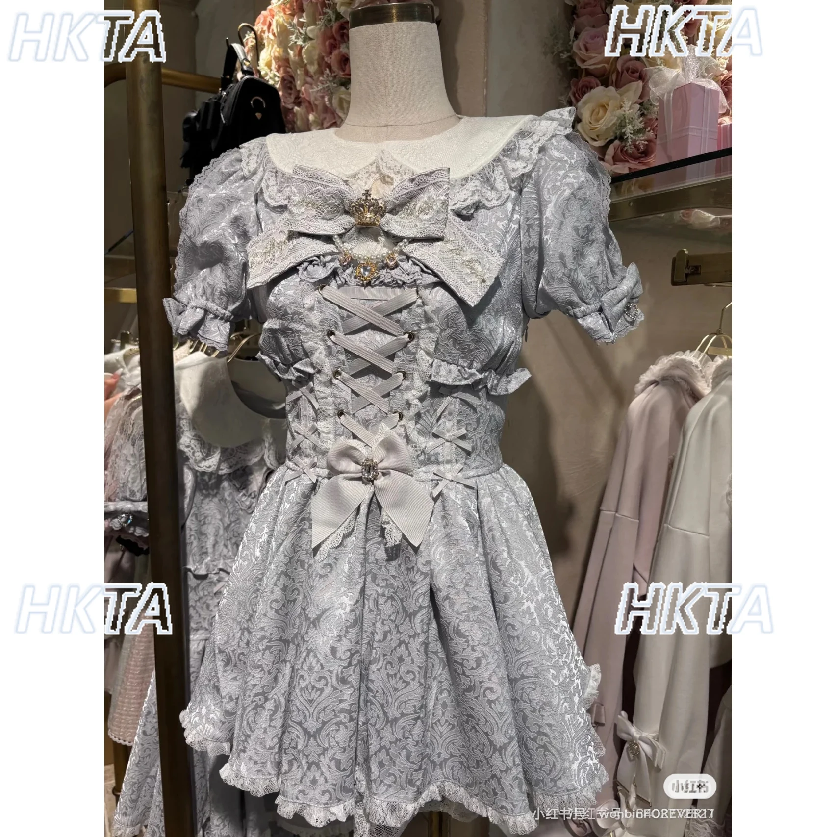 Estilo japonês outono novas minas doces bonito grande arco vestido conjunto moda high-end design puff manga curta vestido shorts conjunto de 2 peças