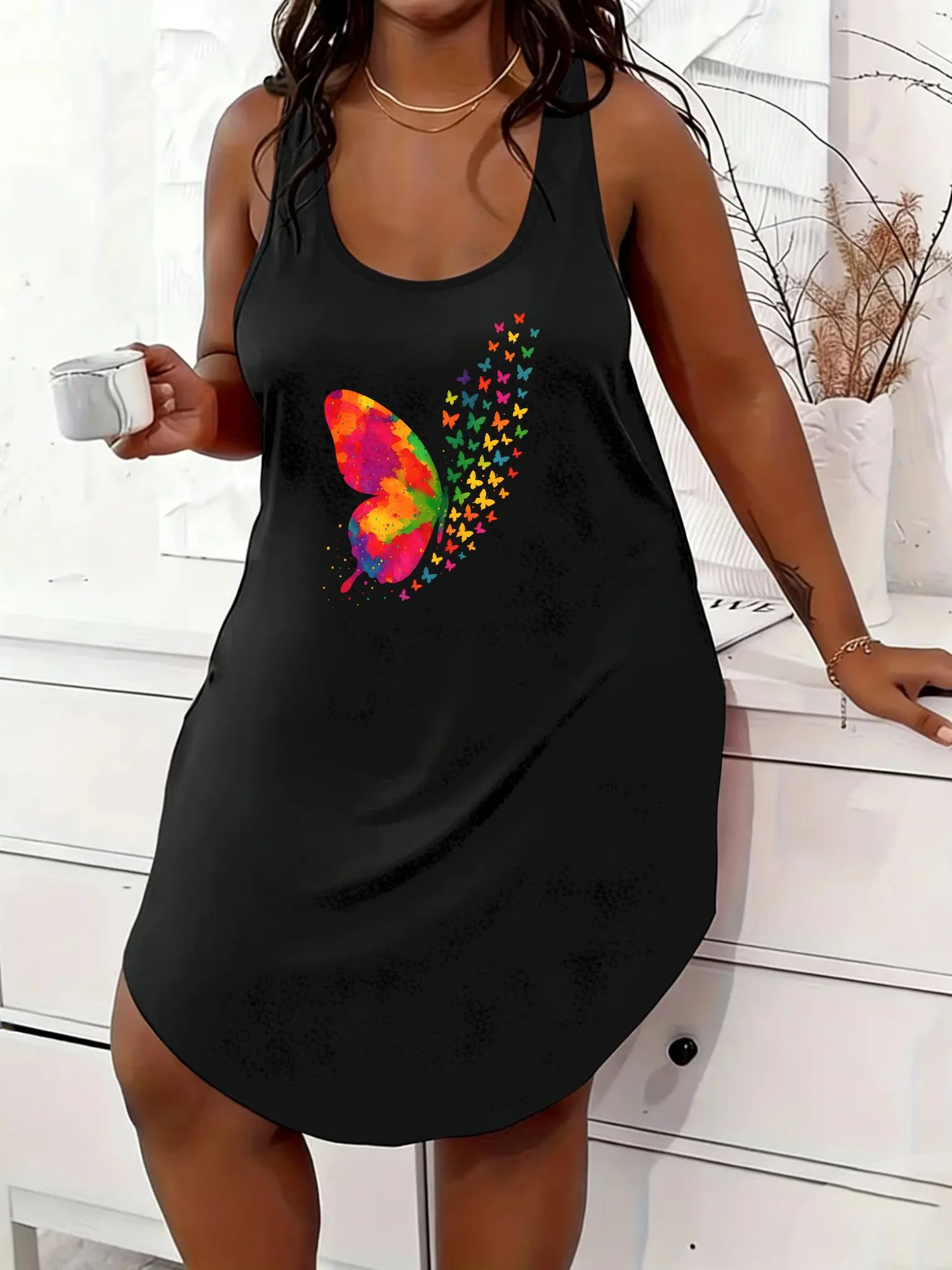 Plus Size Womens Elegant Casual Dress - Colorful Butterfly Trail Pattern Print Fashion Sleeveless Crew Neck Dress - Perfect For Summer Vacation & Great Gift