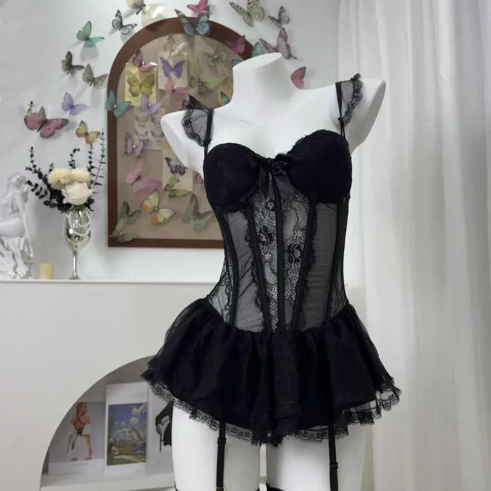 

Slim Fit Bow Lace Nightgown Mesh Sleeveless Women Lingerie Transparent Nightwear Lace Sling Nightdress Ladies