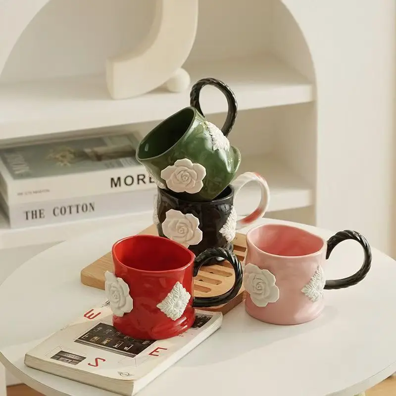 

White Embossed Rose Ceramics Mugs Coffee Mug Milk Tea Office Cups Drinkware the Best Birthday Gift