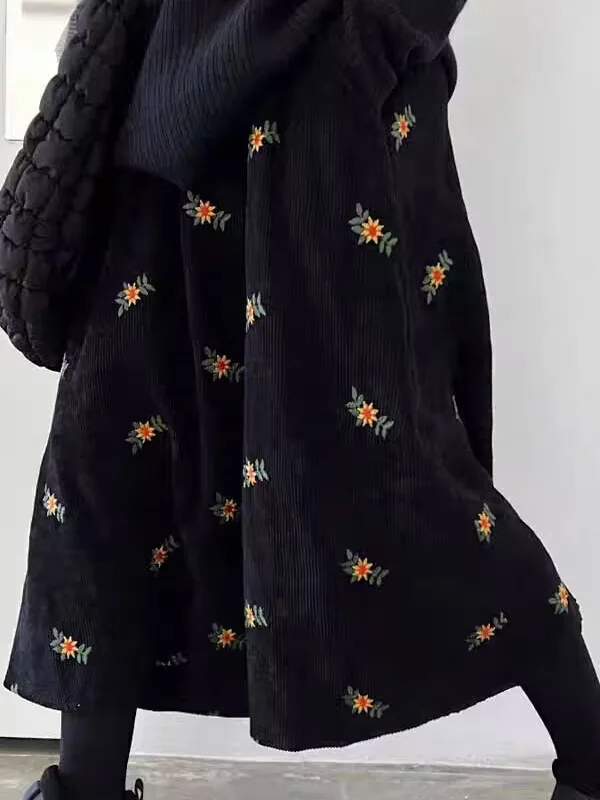

Korean Japanese Oversized Floral Corduroy A-Line Skirt for Women Winter New Style Vintage High Waist Commute Casual Long...