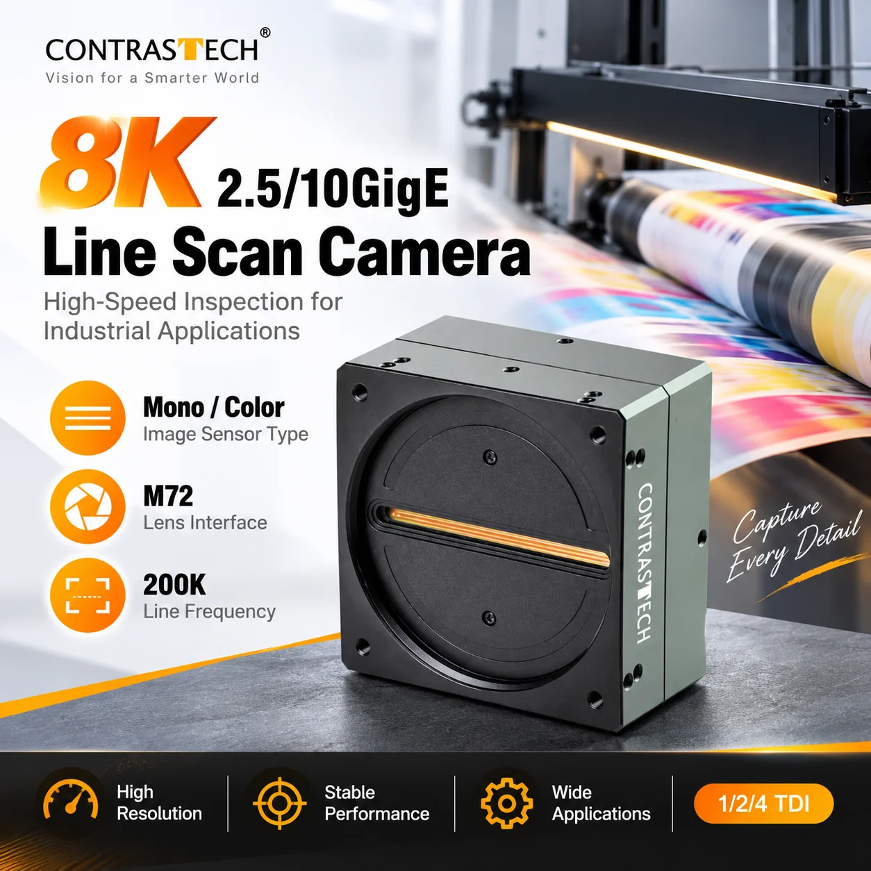 8K 2.5GigE Industrial Line Scan Camera 8192 Resolution Sequence Strobe 7um Pixel High-Speed Mono TDI Fiber Optic for Web Inspect