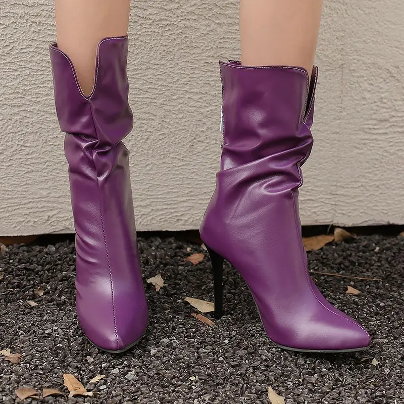 ORCHA LISA مثير المرأة منتصف العجل الأحذية أشار تو 10 سنتيمتر رقيقة عالية الكعب عودة سستة كبيرة الحجم 46 48 موضة يؤرخ نمط الحفلات