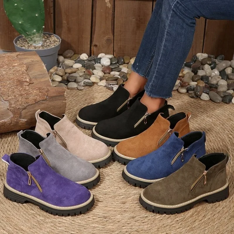 Bottines à fermeture éclair pour femmes, bout rond, à enfiler, semelle épaisse, antidérapante, confortable, légère, durable, chaussures décontractées pour la marche en ville
