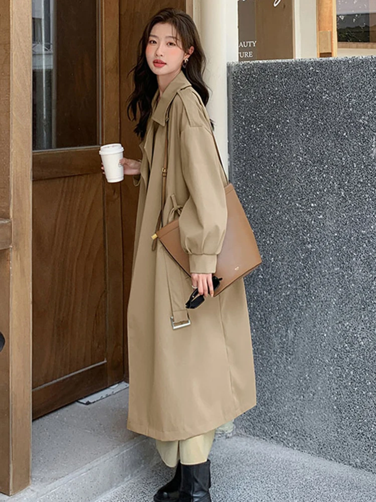 LANMREM Spring Korean Style Women Long Trench Coat Lapel Belt Gathered Waist Solid Color Windbreaker 2024 New Clothing 2AA4965