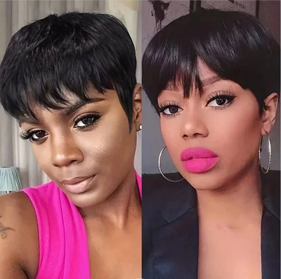 Korte Pixie Cut Pruiken Met Pony Rechte Menselijk Haar Pruiken Voor Vrouwen Machine Gemaakt Korte Rechte Menselijk Haar Pruiken